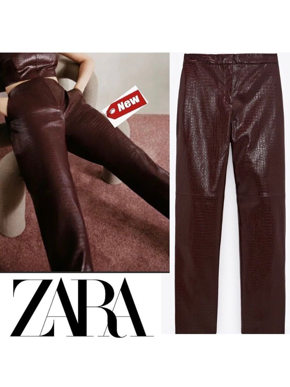 ZARA maroon burgundy croc embossed faux leather high waisted pants Sz XS NWT